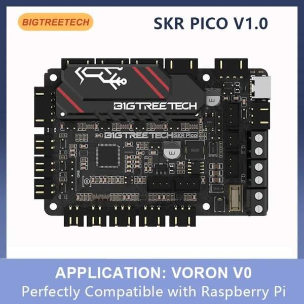 A close-up of the BIGTREETECH SKR Pico V1.0 circuit board, featuring multiple connectors and components, with text indicating its compatibility with Raspberry Pi and applications for the Voron V0 model.