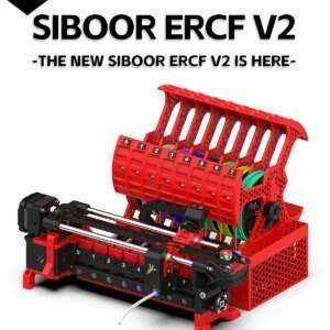 A detailed 3D rendering of a SIBOOR ERCF V2 multi-colour 3D printer attachment in red, showcasing its components and design, with promotional text highlighting its features and certification.