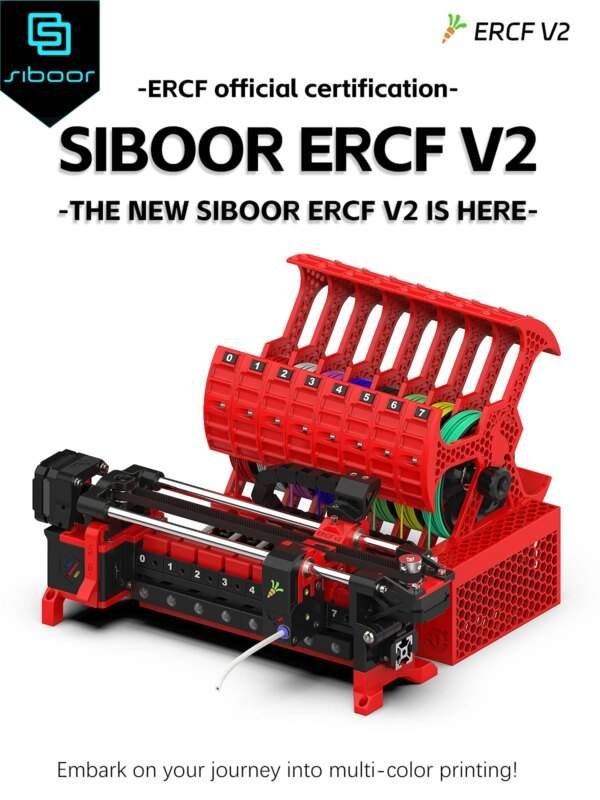 A detailed 3D rendering of a SIBOOR ERCF V2 multi-colour 3D printer attachment in red, showcasing its components and design, with promotional text highlighting its features and certification.