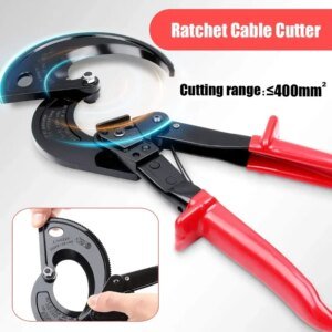 Image of a ratchet cable cutter with red handles and a curved cutting blade, showcasing its mechanism. An inset image displays a hand demonstrating the tool's functionality.