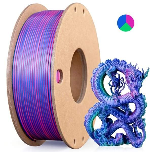 Silk PLA 3D Printer Filament - 250g, 3 Colors in 1 (Rose Red, Dark Blue, Green) - 1.75mm, Compatible with Most FDM Printers