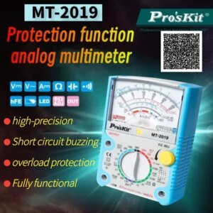 Image of a Pro'sKit MT-2019 analog multimeter featuring a scale for measuring voltage, current, and resistance. The device is described with features such as high precision, short circuit buzzing, overload protection, and full functionality, set against a colourful background with a QR code.