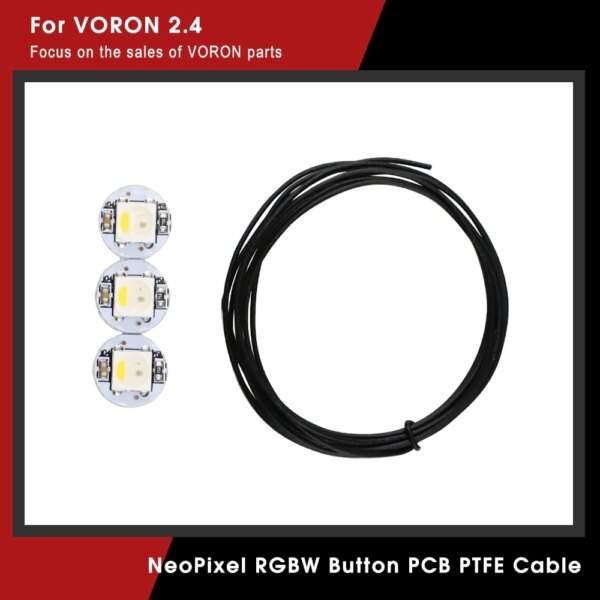 Three NeoPixel RGBW button PCBs and a length of black PTFE cable, with a plain background and promotional text regarding VORON 2.4 parts.