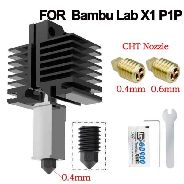 Diagram showing a heated block assembly compatible with Bambu Lab X1 P1P 3D printers, featuring a CHT nozzle, two interchangeable nozzle sizes (0.4mm and 0.6mm), and included tools such as an Allen wrench and a small package.