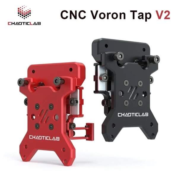CNC Voron Tap V2 in red and black, featuring a mechanical design with visible screws and adjustable components, displayed side by side with the logo "CHAOTICLAB" at the top.