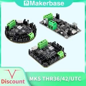 Three electronic circuit boards are displayed, featuring various connectors and components, including green terminal blocks. The boards are labeled with "MKS" and are part of the Makerbase brand, showcasing the models THR36, THR42, and UTC. A banner at the bottom indicates a discount.