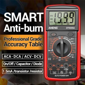 Image of a digital multimeter with a red casing and a display showing "-19.99." The multimeter features a rotary switch for selecting measurement functions (including ACA, DCA, ACV, DCV, and more), along with input ports for connecting to various components. Text on the image highlights its "SMART Anti-burn" capability and "Professional Grade Accuracy Table."