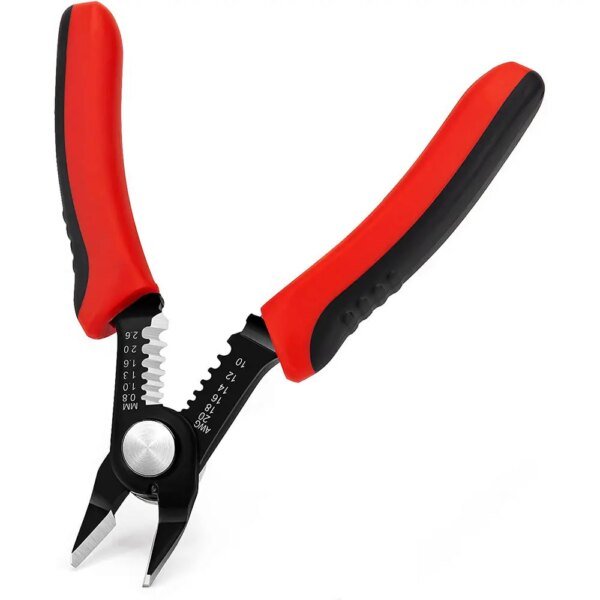 A pair of wire cutting pliers with red and black rubber grips and a metallic cutting edge.