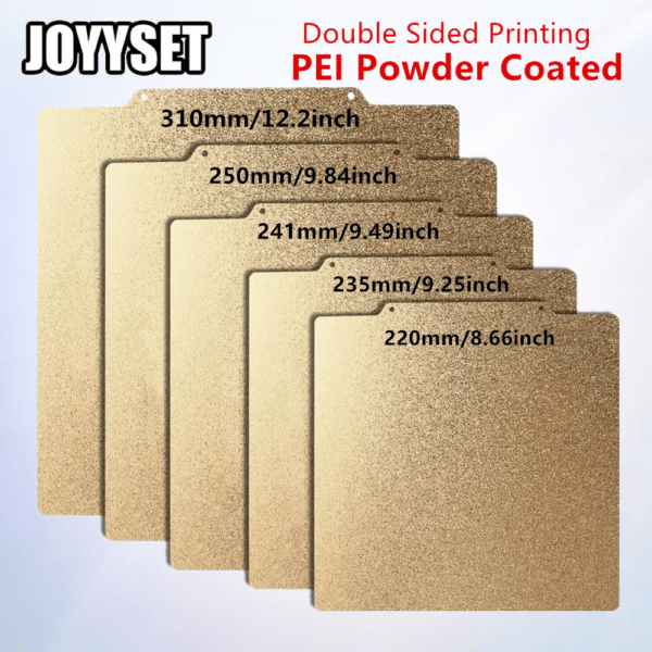 A stack of five gold PEI powder-coated printing plates of varying sizes, with measurements printed on them in millimetres and inches, on a light background.