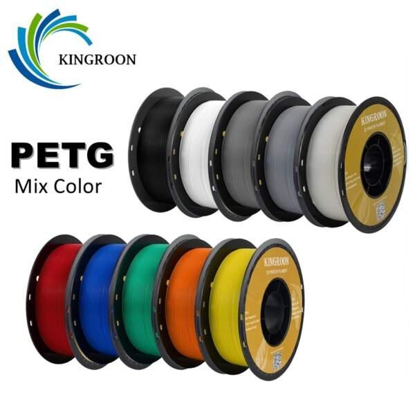 KINGROON PETG 3D Printer Filament | A display of various spools of PETG 3D printer filament in different colours, including black, white, grey, red, blue, green, orange, and yellow, with the brand name "KINGROON" visible.