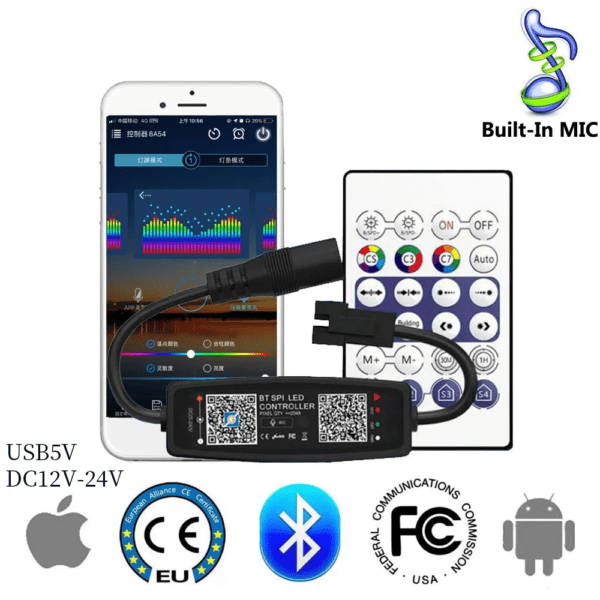 An image showing a smartphone displaying a colour control app, connected via a cable to an LED controller. The controller is shown alongside a remote control with various buttons and symbols. Logos for Apple, CE, Bluetooth, FCC, and Android are included, alongside specifications for power input.
