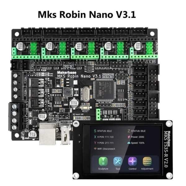 A circuit board labeled "MKS Robin Nano V3.1" with various connections and components, alongside a touchscreen display showing status information and control options.