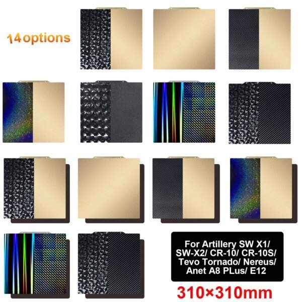 A grid of 14 different patterned square sheets, each with a gold side and various designs on the other, including textures like black, holographic, and metallic, with dimensions of 310x310mm.