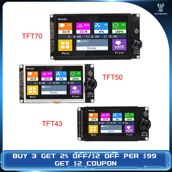 Image featuring three models of TFT screens: TFT70, TFT50, and TFT43, each displaying colourful user interfaces with various options and buttons, accompanied by a promotional message at the bottom stating a discount offer.