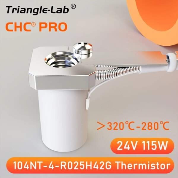 A thermistor heating element with a metallic top and white cylindrical base, labelled with "Triangle-Lab CHC PRO", specifications for temperature range and power, and a spiral wire connection.