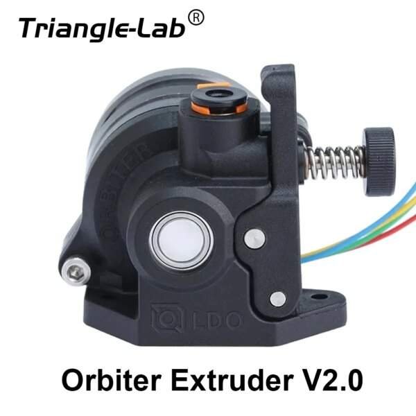 A black and orange 3D printer extruder, labelled "Orbiter Extruder V2.0," featuring visible wiring and a spring mechanism, displayed against a white background.