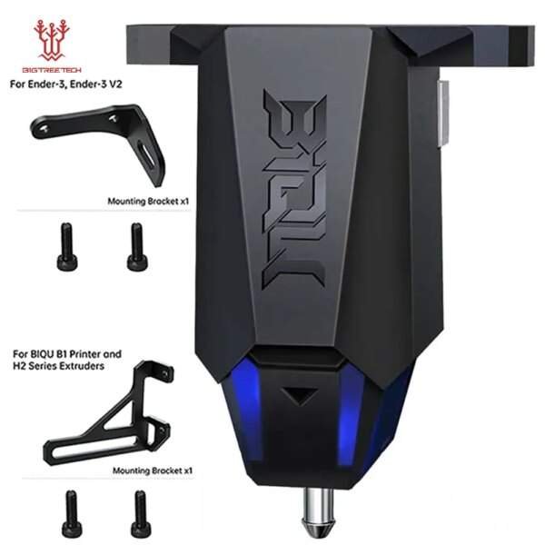 Image of a 3D printer hotend with a sleek black design, featuring a blue LED light. Accompanying the hotend are several components including mounting brackets and screws, indicating compatibility with specific printer models like Ender-3 and BIQU B1.