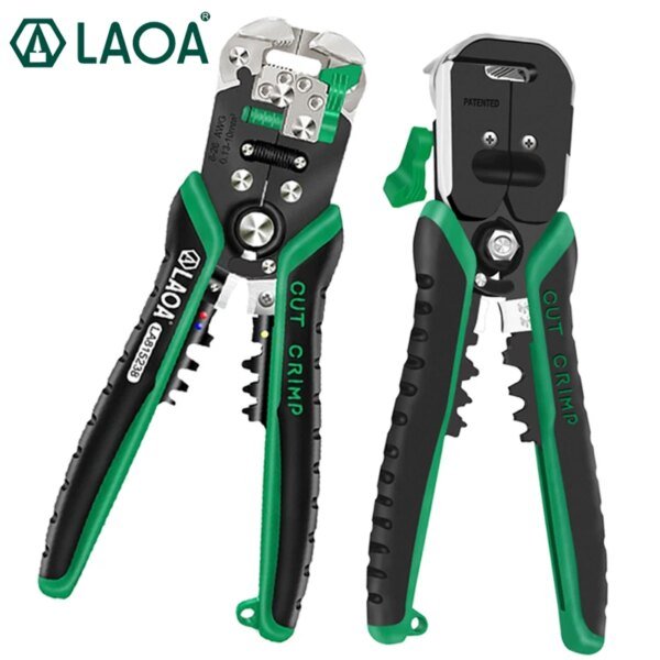 A pair of LAOA brand wire crimping and cutting pliers, featuring black and green ergonomic handles and various metal components for electrical work.