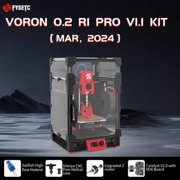 A 3D printer kit displayed with a transparent enclosure, featuring a red print head and various components highlighted, including a high flow hotend, helical gear, upgraded Z motor, and a control board. The background is dark and mountains are visible.