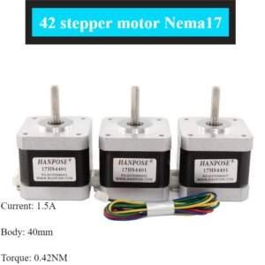 Three 42 stepper motors with Nema 17 specifications, featuring a metallic casing, central shaft, and labelled with product details, including specifications for current, body size, and torque.
