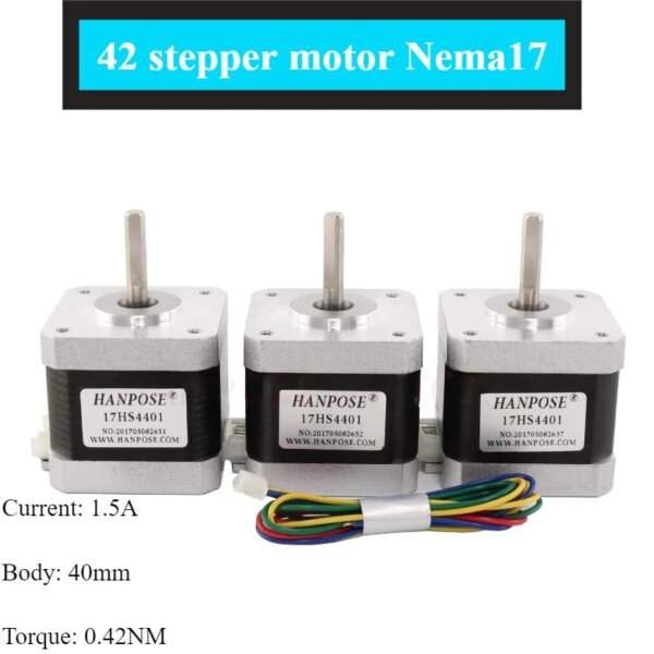 Three 42 stepper motors with Nema 17 specifications, featuring a metallic casing, central shaft, and labelled with product details, including specifications for current, body size, and torque.