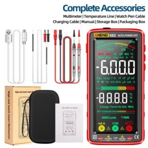 A collection of multimeter accessories including a multimeter device with a bright display, various cables (USB, charging, and watch pen), measurement probes, a user manual, a storage box, and packaging, all arranged on a plain background.