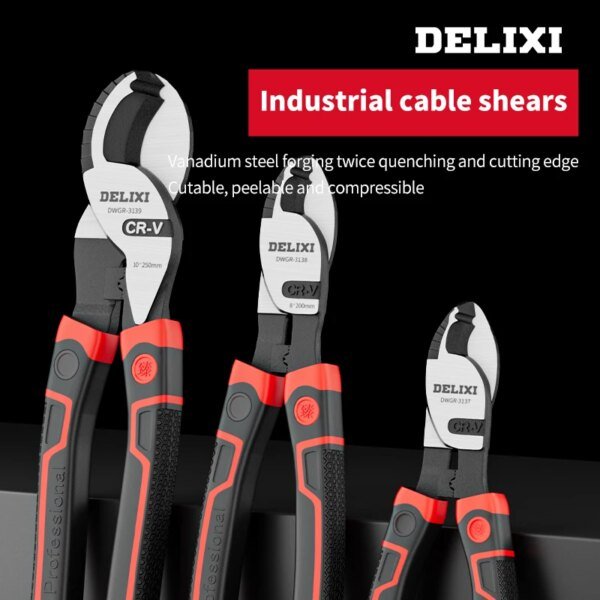 Three industrial cable shears are displayed, labelled with "DELIXI." The first shear is 10" long, and the second is 8", each featuring ergonomic red and black grips and a sleek, metallic cutting edge. The background is black, with text mentioning vanadium steel forging and describing the shears as cutable, peelable, and compressible.