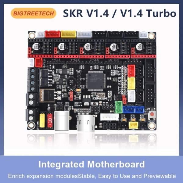 A close-up image of a BIGTREETECH SKR V1.4 / V1.4 Turbo integrated motherboard, featuring various connectors, chips, and components in a rectangular layout.