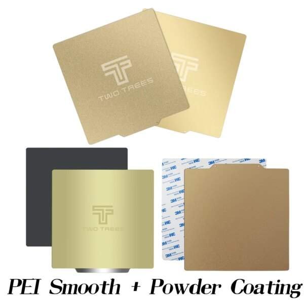 A collection of four 3D printer build plates from Two Trees, including two gold powder-coated plates with the logo, one smooth black PEI plate, and an additional gold-coated plate with adhesive backing for installation.