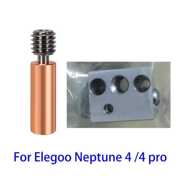 Image showing two 3D printer parts: a copper-coloured nozzle on the left and an aluminium block with multiple holes on the right, both labeled for use with the Elegoo Neptune 4/4 Pro.