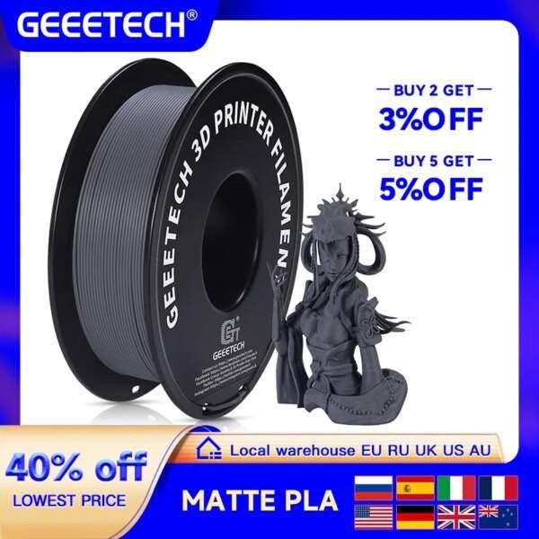 A spool of grey 3D printer filament with the brand name "GEEETECH" prominently displayed, next to a detailed black matte 3D printed figure of a character with intricate features and hair, set against a background that includes promotional text about discounts and a 40% off offer.