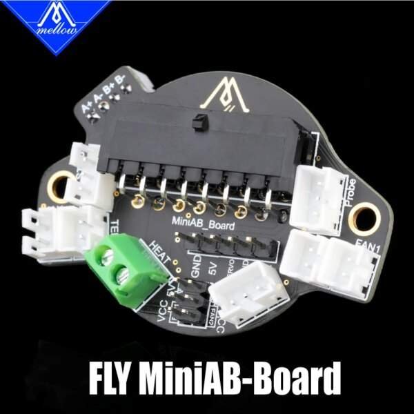 A black circuit board with various connectors and labels, including "MiniAB_Board," "HEAT," "5V," and a green terminal block, all arranged around a central multi-pin connector.