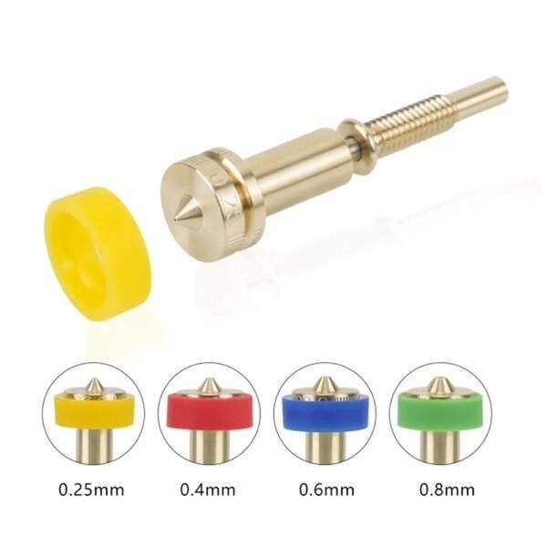 A brass nozzle with a pointed end and adjustable length is shown next to a yellow ring. Below the nozzle, there are four colour-coded attachments (yellow, red, blue, green) indicating different sizes (0.25mm, 0.4mm, 0.6mm, 0.8mm).