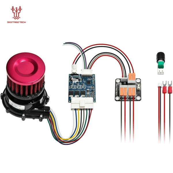 An assembly of electronic components including a pink and black cooling fan, a circuit board with multiple connections, a power distribution board with connections, and a green terminal block, all connected by various wires.
