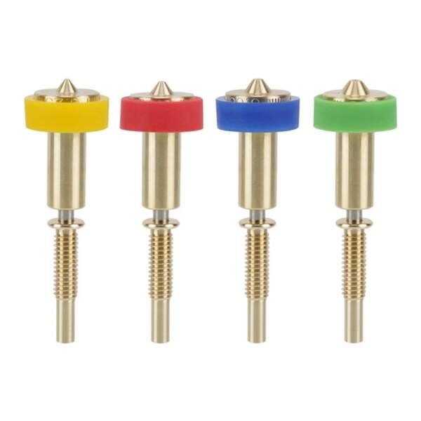 Four metal valves with colourful plastic tops (yellow, red, blue, and green) arranged in a row, each with a threaded shaft.