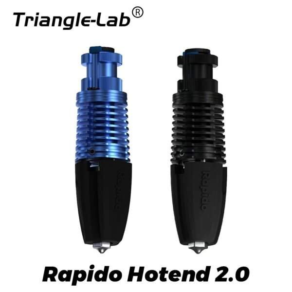 Two 3D printer hotends are shown side by side: one features a blue metallic finish with ribbed design, while the other is in a matte black finish, both labeled "Rapido."