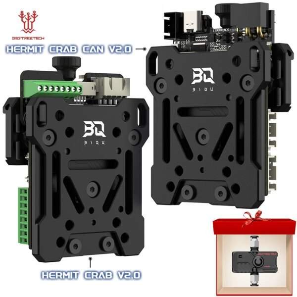 A close-up image of the Biqu Hermit Crab CAN V2.0, showcasing a black electronic board with various connectors, a control knob, and a gift box in the lower right corner.