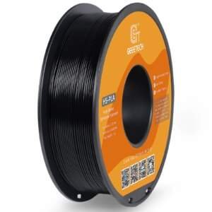 A black spool of 3D printer filament labelled "HS-PLA High Speed" with specifications for diameter and weight, featuring an orange background and QR codes on the side.