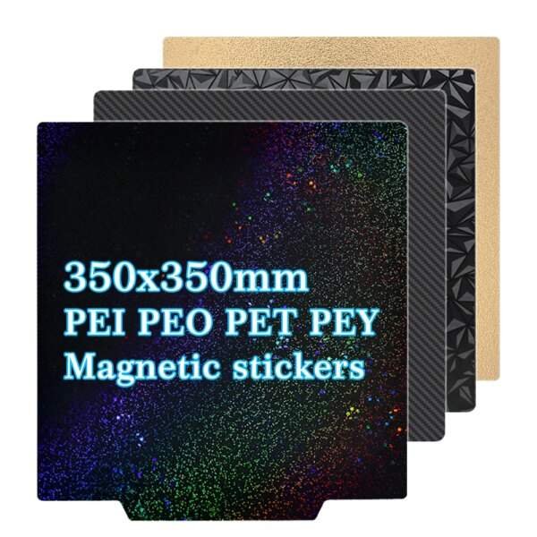 Collection of four magnetic stickers with varying textures and colours, prominently displaying the text "350x350mm PEI PEO PET PEY Magnetic build plates."