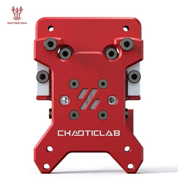 A close-up view of a red metal component with a complex design, featuring various screws and bolts, and the text "CHAOTICLAB" prominently displayed at the bottom.