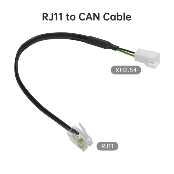 A black cable with an RJ11 connector on one end and an XH2.54 connector on the other end, labelled "RJ11 to CAN Cable".