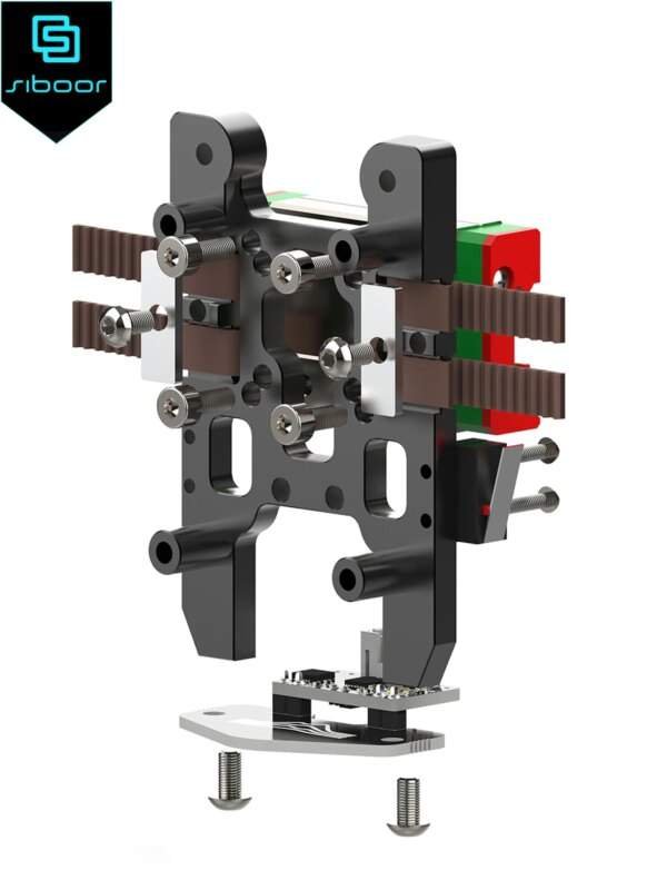 A detailed 3D rendering of a mechanical assembly, showcasing various components including screws, metal brackets, and electronic circuits, with a prominent logo in the top left corner.
