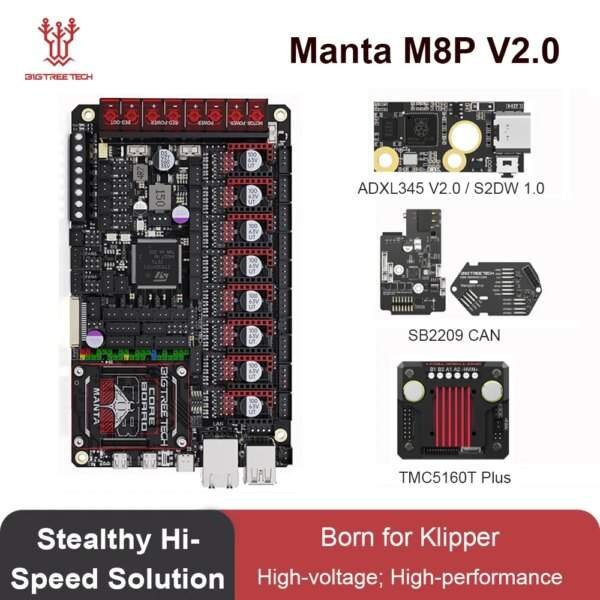 A detailed image of the Manta M8P V2.0 circuit board from BigTreeTech, featuring various components including ADXL345 V2.0, SB2209 CAN module, and TMC5160T Plus driver. The board is designed for high-performance applications, highlighted with labels and text indicating its features.