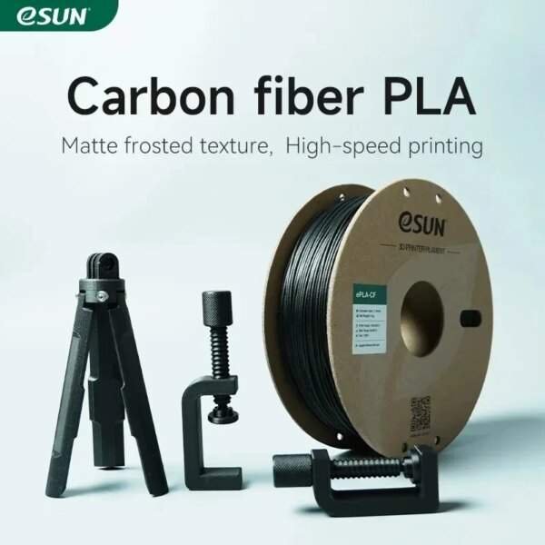 A coil of carbon fibre PLA 3D printer filament, labelled "ePLA-CF," alongside three black 3D-printed tools: a caliper, a clamp, and an adjustable grip. The background is light and minimalistic.