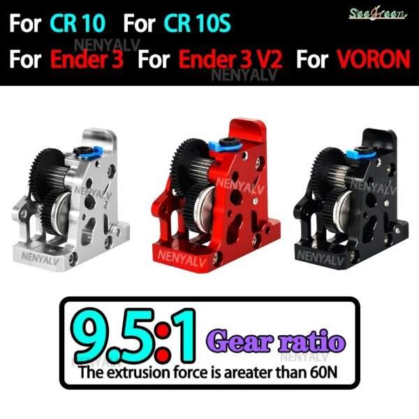 Image of three 3D printer extruders in silver, red, and black, showcasing a 9.5:1 gear ratio with a note that the extrusion force is greater than 60N.