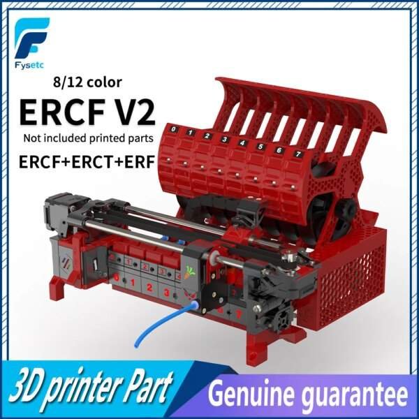 3D rendering of a red multi-colour print head for 3D printers, featuring an 8/12 colour setup with control numbers and connectors, labelled as "ERCF V2."