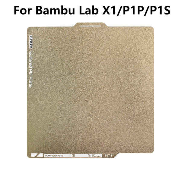 A textured PEI plate for Bambu Lab X1/P1P/P1S 3D printers, featuring a golden surface and clear product labeling.