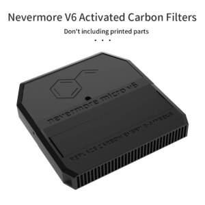 Black activated carbon filter with a geometric design, featuring the text "nevermore micro v6" and instructions to replace carbon every 2-4 weeks.