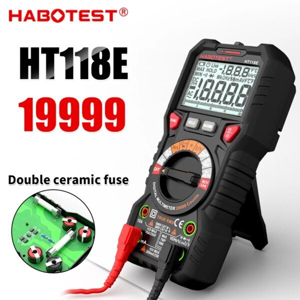 A digital multimeter model HT118E with a display showing numerical readings, along with calibration and function settings. It features a rotary switch for mode selection, red and black test leads, and text highlighting its specifications, including "19999 counts" and "double ceramic fuse." A graphic inset displays circuit board connections.