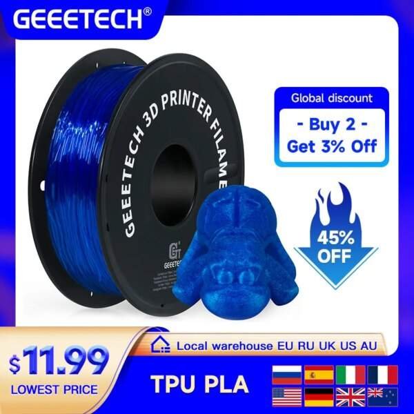 A spool of blue 3D printer filament next to a blue 3D-printed toy figure; promotional text indicates discounts and pricing details.
